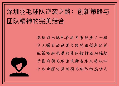 深圳羽毛球队逆袭之路：创新策略与团队精神的完美结合
